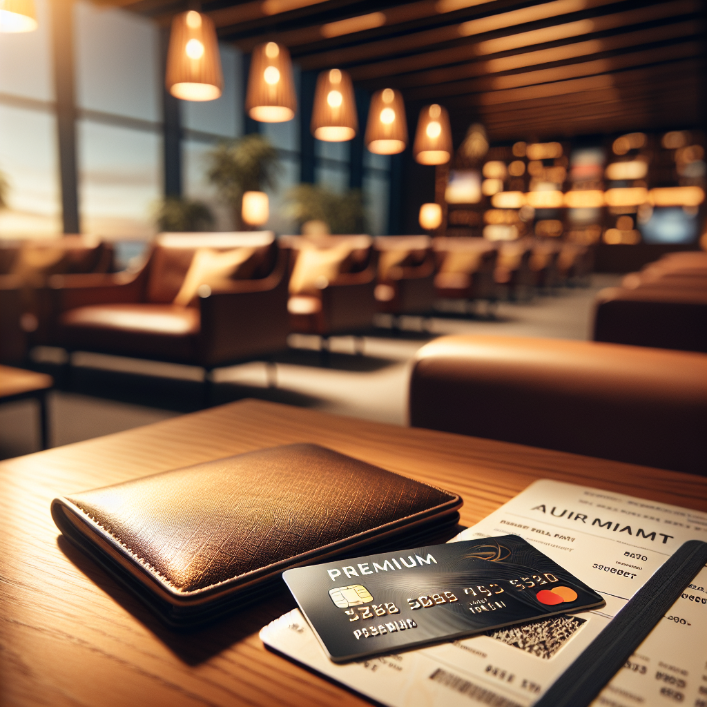 Nærbilde av et elegant SAS EuroBonus Premium American Express-kort liggende ved en boardingpass, med flyplassloungestemning i bakgrunnen, myk varme og profesjonell stil