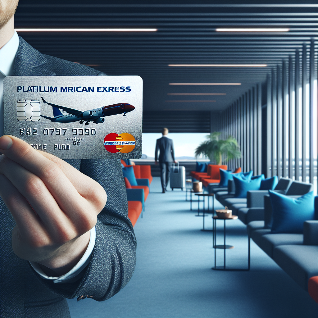 Norsk reisende med SAS EuroBonus Platinum American Express-kort foran en flyplasslounge, moderne stil, nordisk fargepalett, profesjonell og ryddig komposisjon