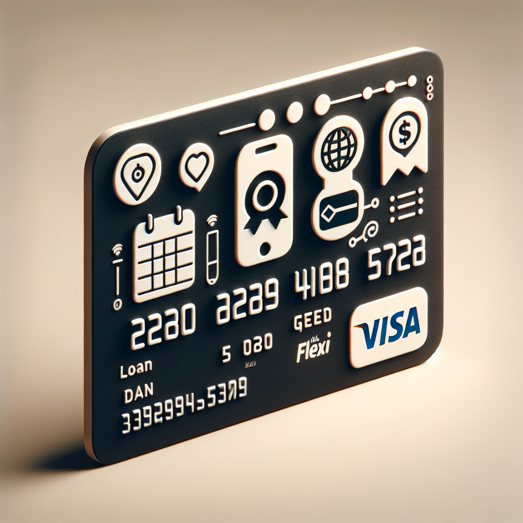 Nærbilde av et moderne Flexi Visa-kredittkort på en nøytral bakgrunn, med digitale ikoner for mobilapp, lånesymbolet og en kalender for betalingsfrist